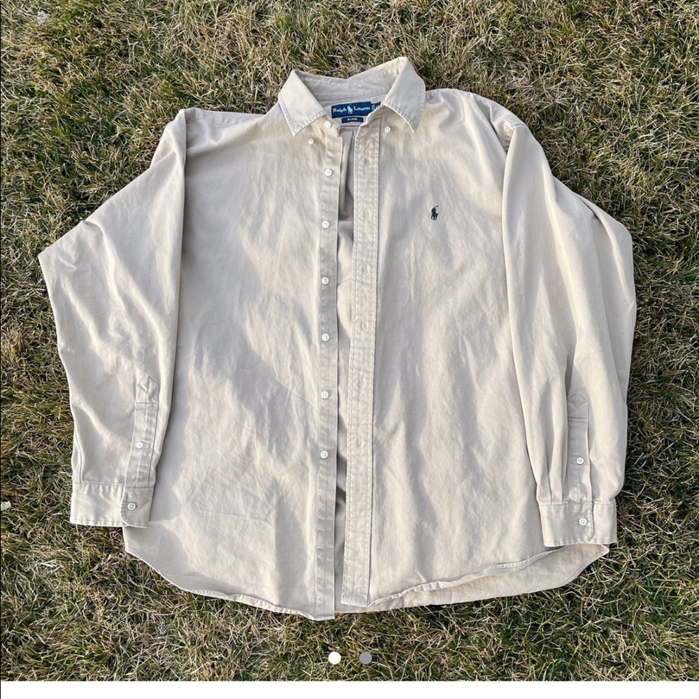 Oversized Ralph Lauren button up tan/white